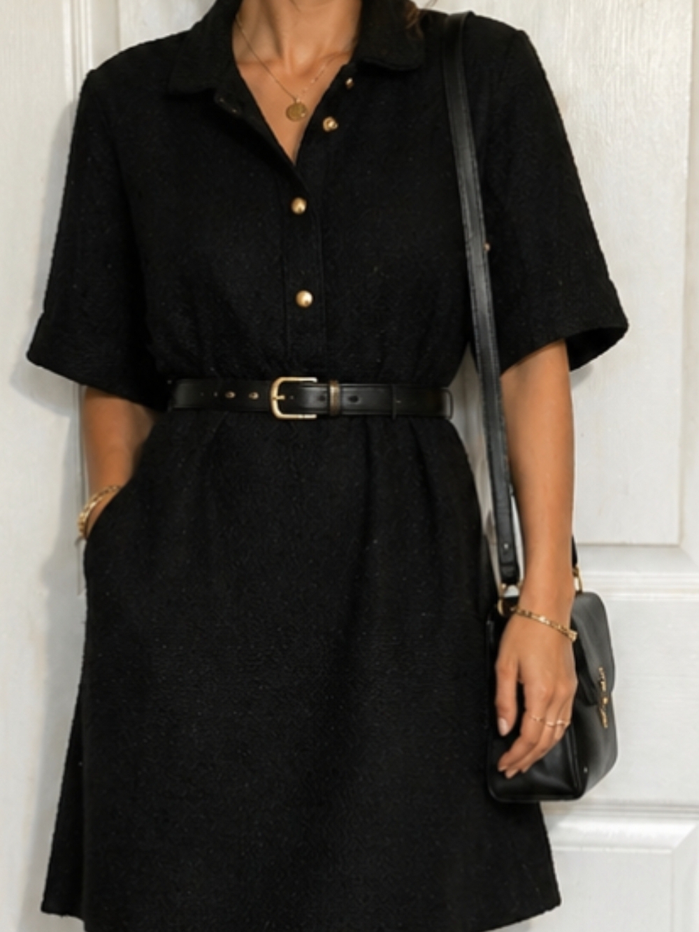 H&M Black Short-Sleeve Mini Dress with Gold Buttons